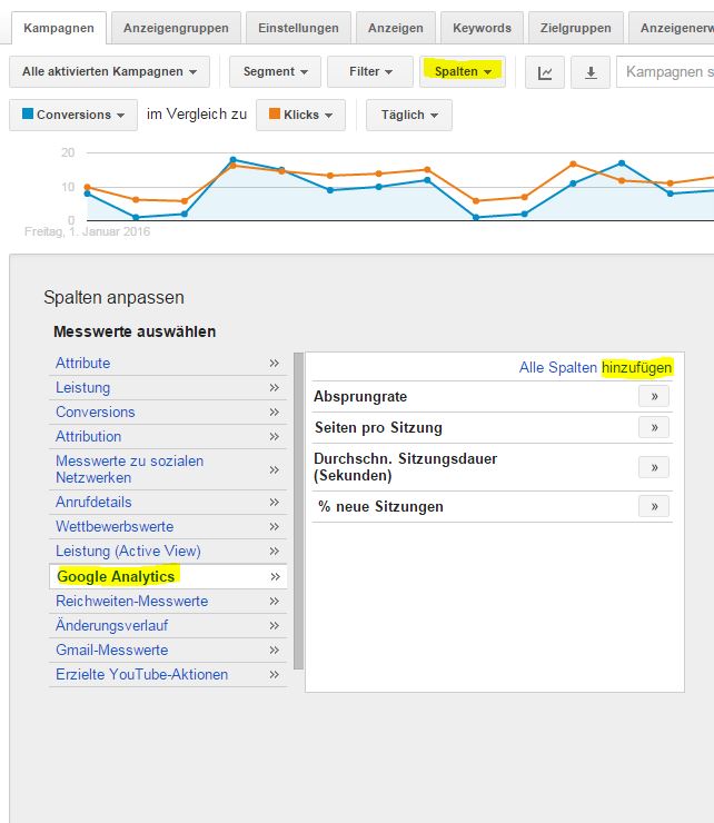 Ajouter des colonnes de Google Analytics à AdWords