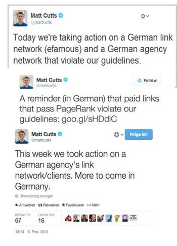 Twitter-PR durch Googles ehemaligen Leiter des Search-Quality-Teams Matt Cutts im Jahr 2014 zur Abstrafung von Linknetzwerken in Deutschland
